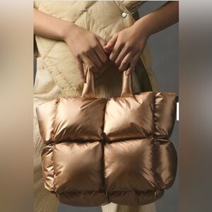 ANTHROPOLOGIE Puffy Tote Quilted Rose Gold Top Handles Polyester Large Bag Boho